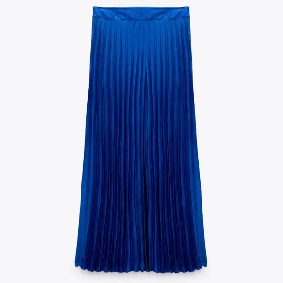 Zara Blue Satin Effect Pleated Midi Skirt - Picture 7 of 10